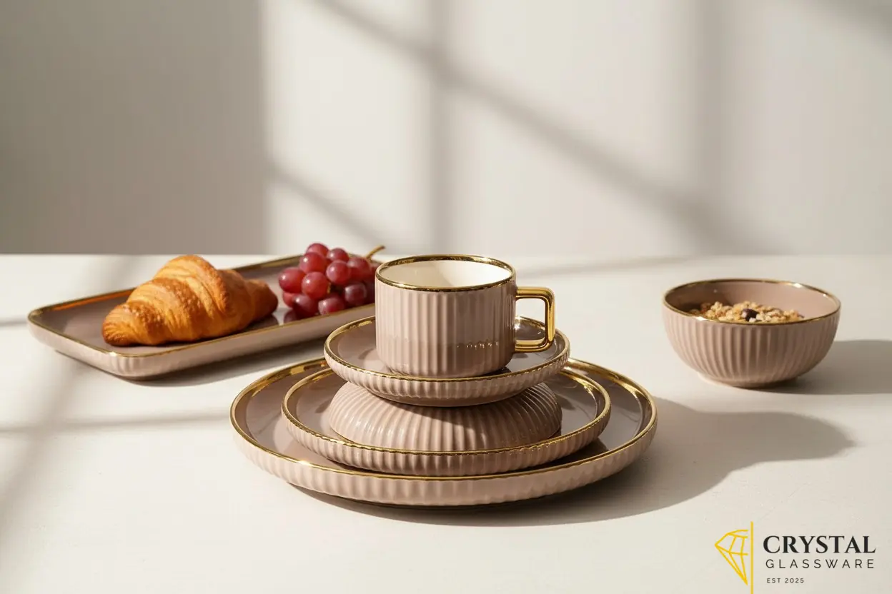 Multicolour 32-piece ceramic dinner set featuring a ribbed texture and gold trim